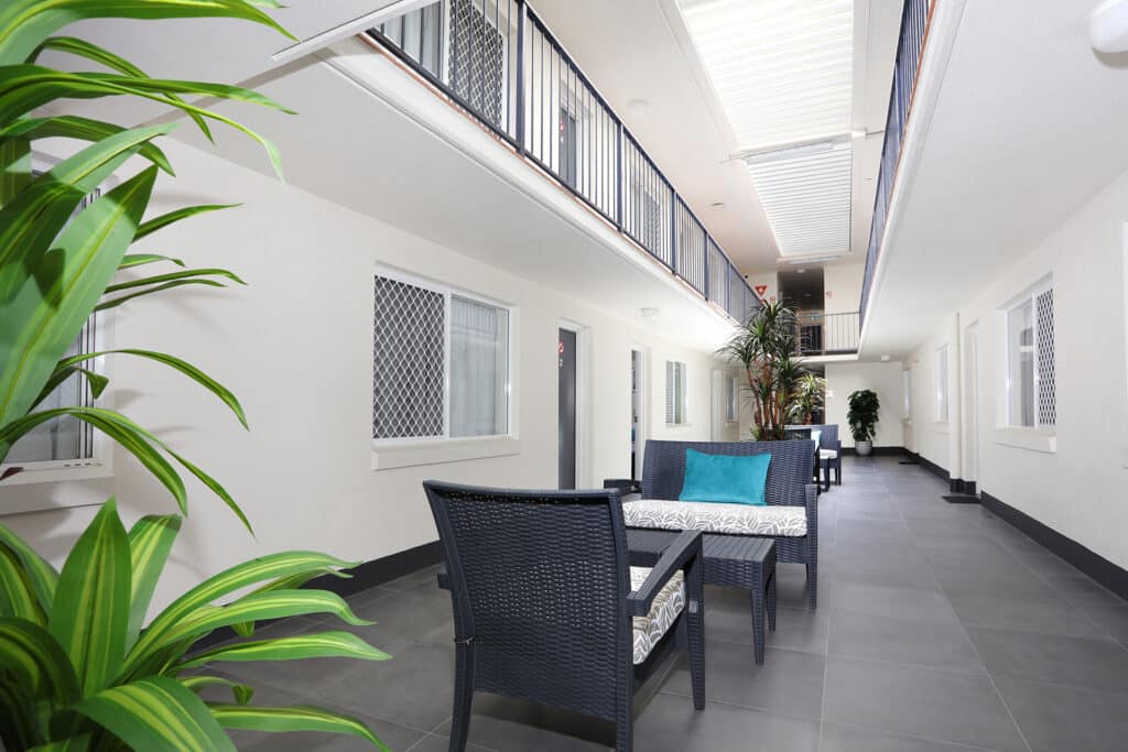 Motel atrium and seating area