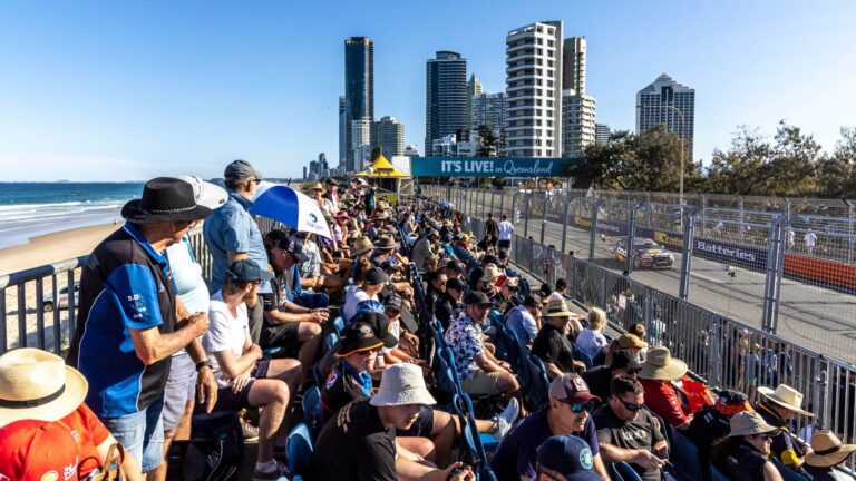 Crowds on stands on the watching the Gold Coast 500 Supercars